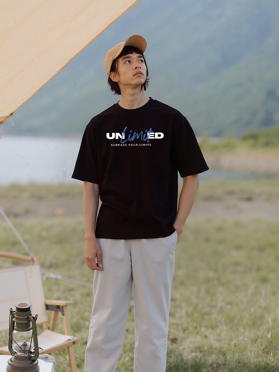 UNLIMITED Typography Printed Pure Cotton Oversized Black T-shirt