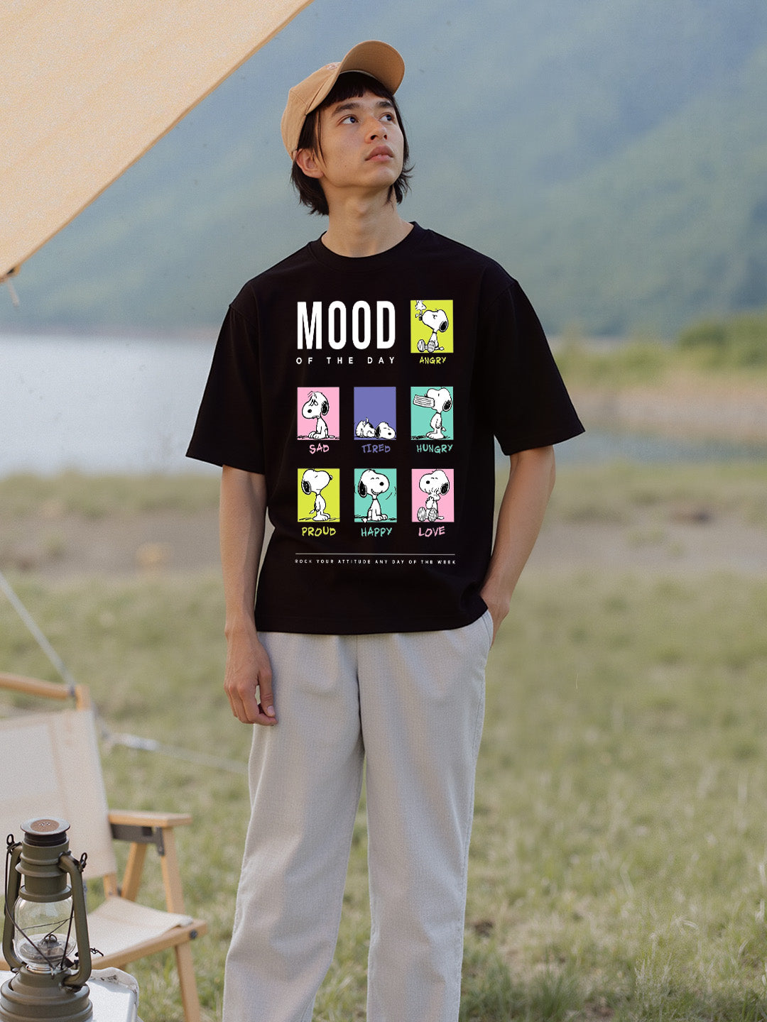 Snoopy Mood Printed Pure Cotton Oversized Black T-shirt