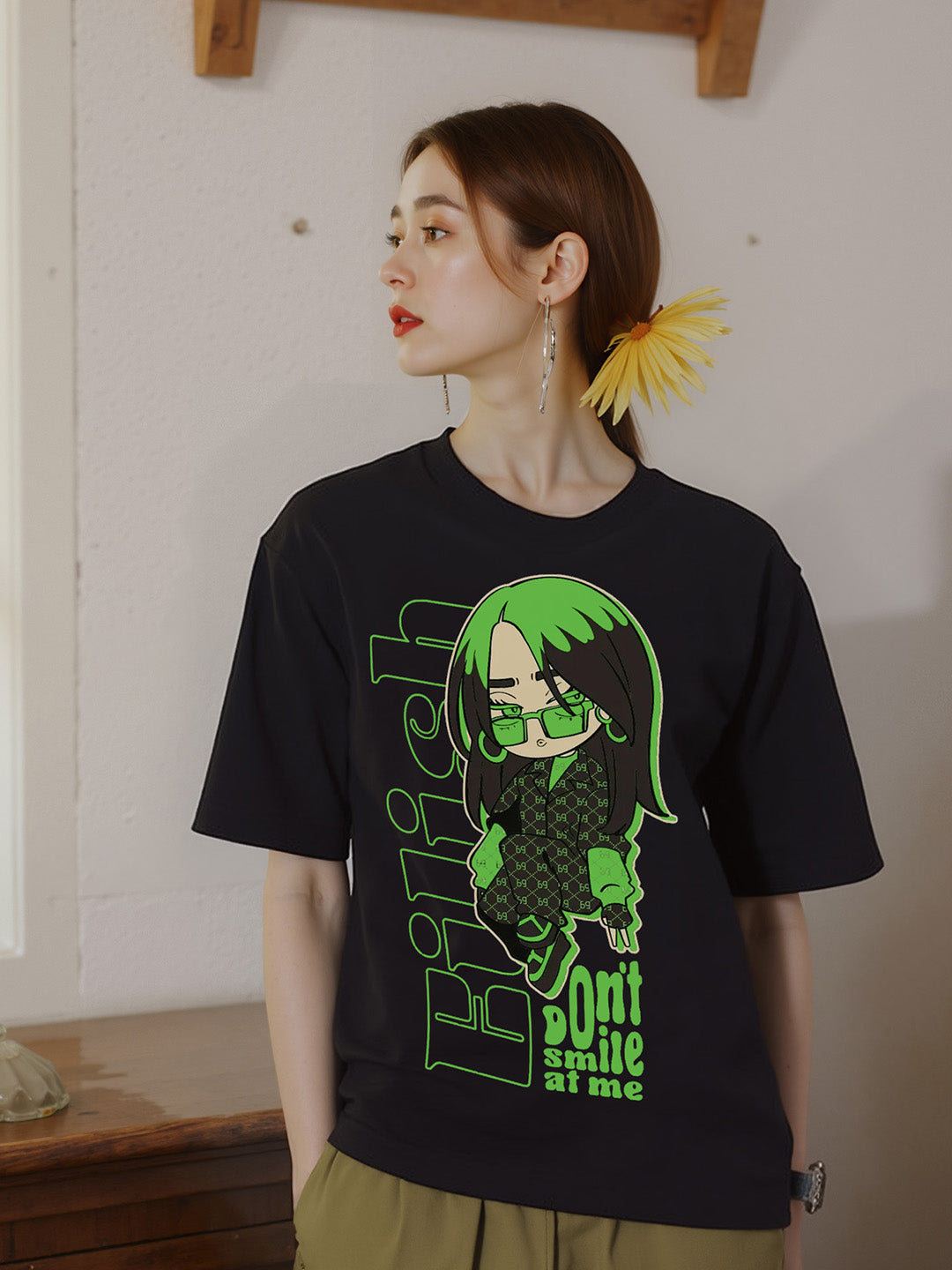 Don't Smile Billie Printed Pure Cotton Oversized Black T-shirt