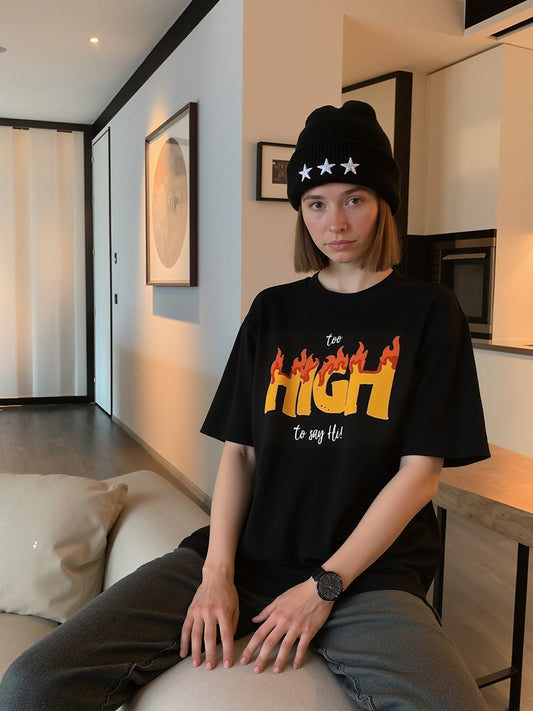 Too High Printed Pure Cotton Oversized Black T-shirt