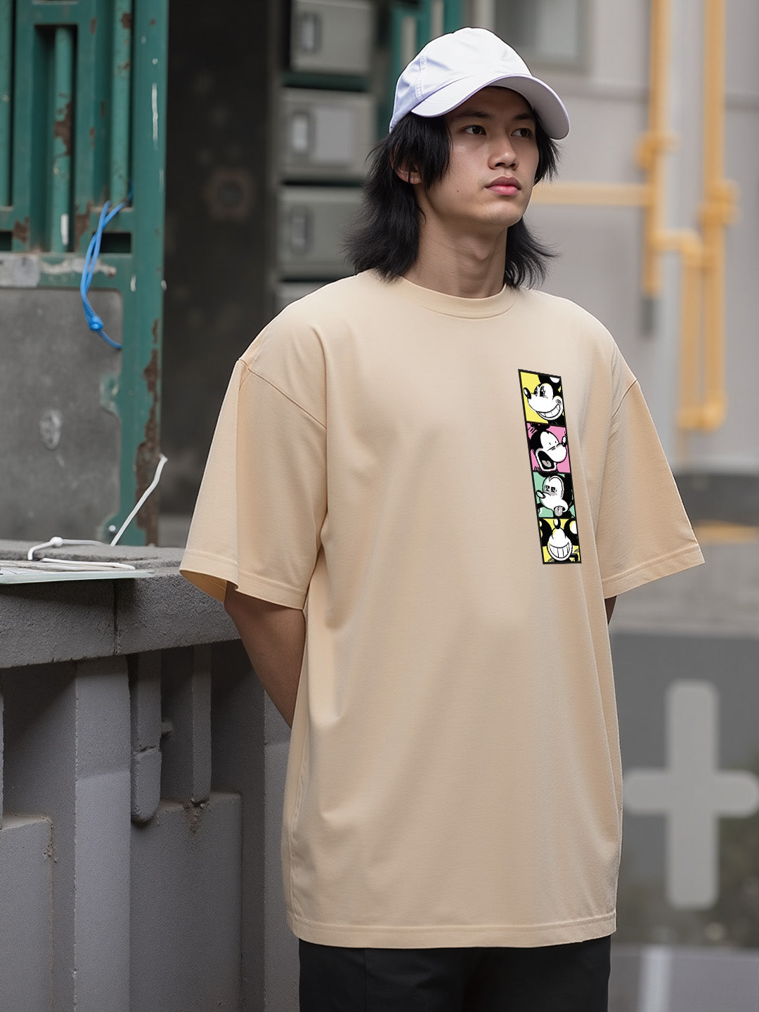 Mickey Faces Printed Pure Cotton Oversized Beige T-shirt