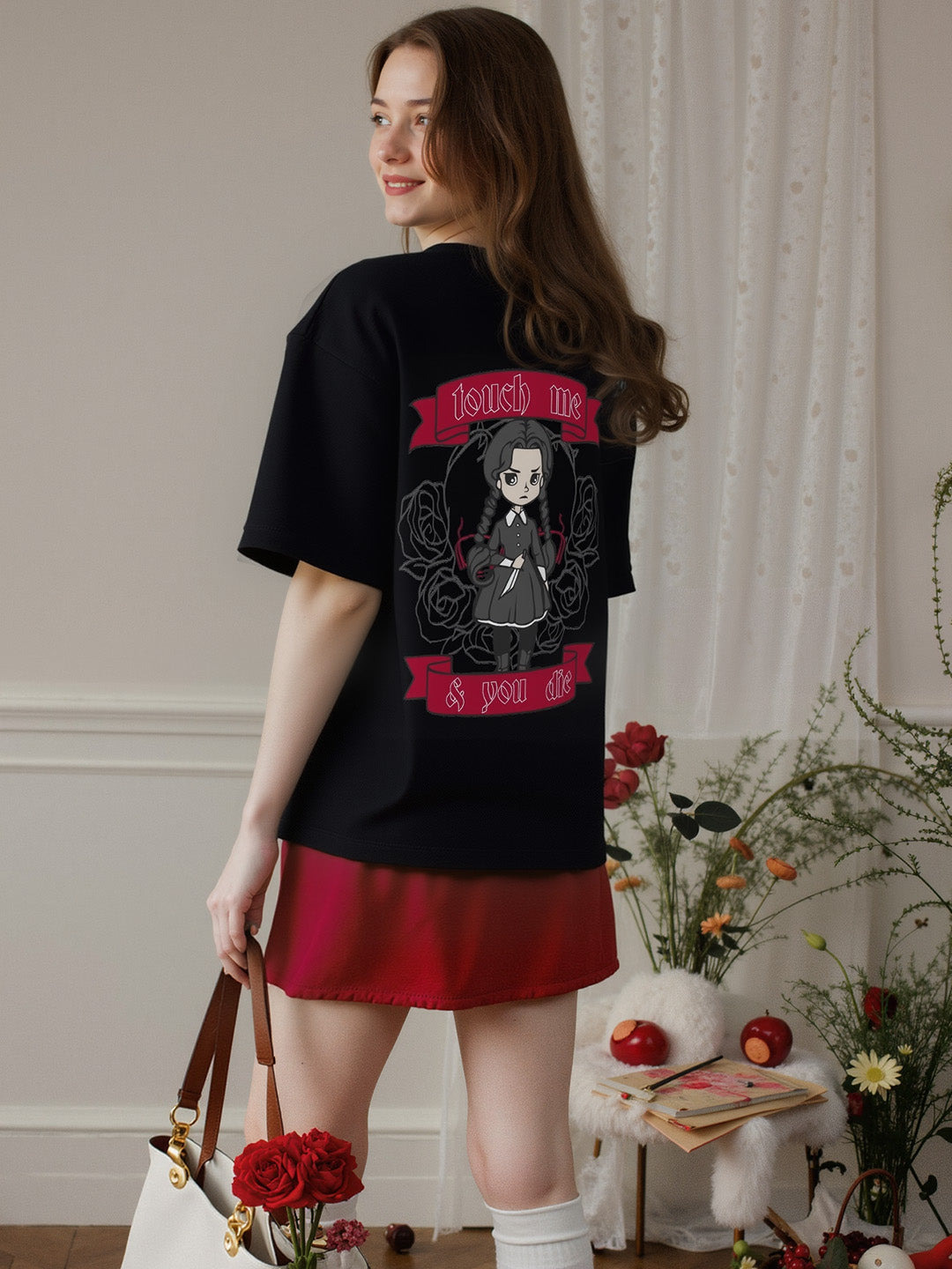 Killer Queen - Wednesday Printed Pure Cotton Oversized Black T-shirt