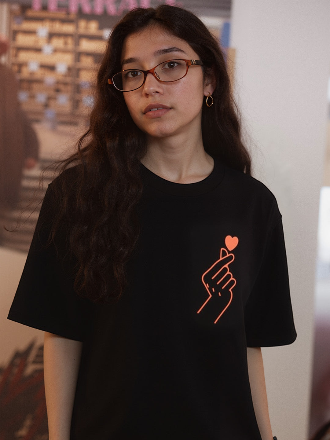 K-POP Heart Printed Pure Cotton Oversized Black T-shirt