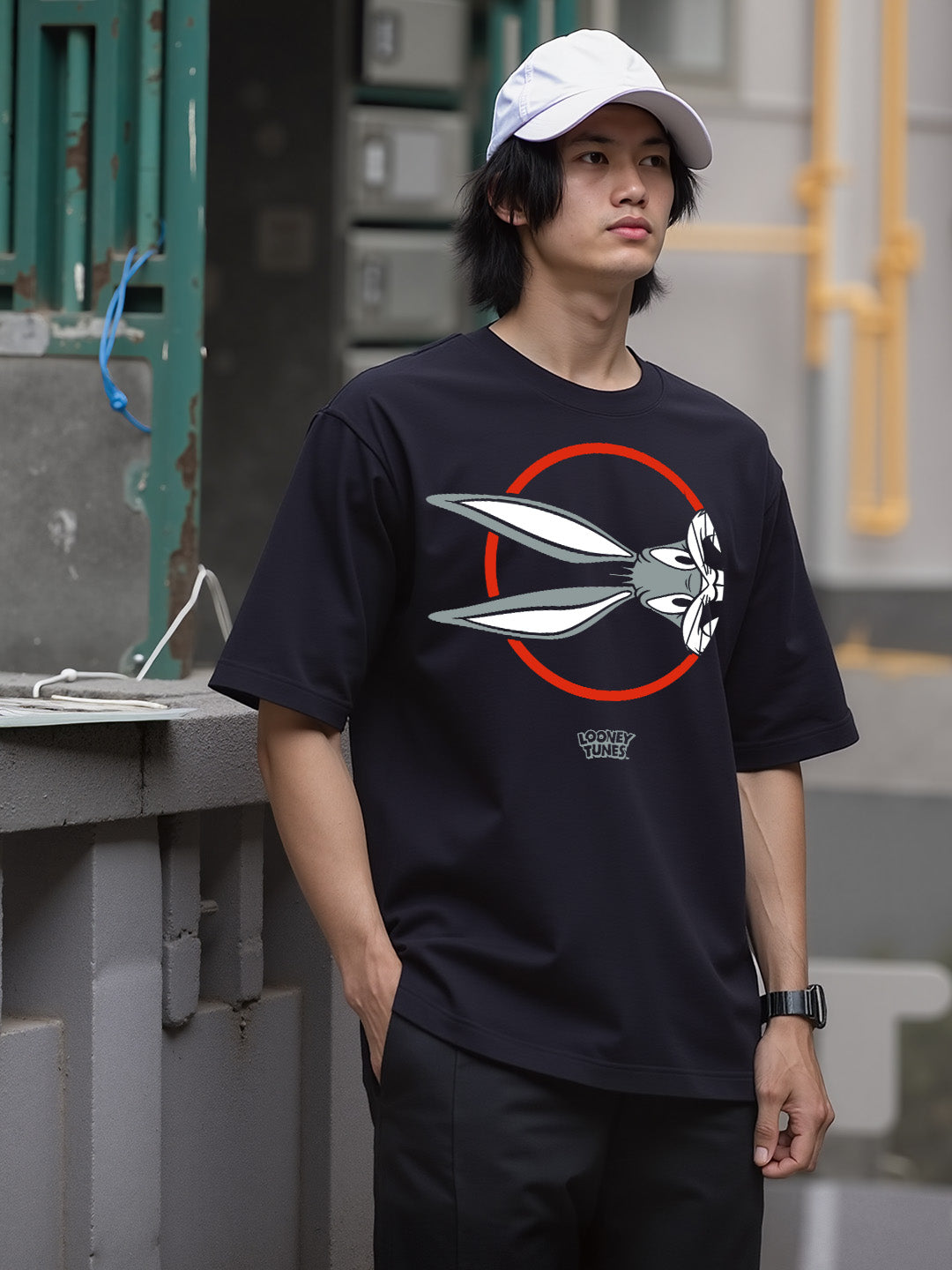 Bugs Bunny Printed Pure Cotton Oversized Black T-shirt