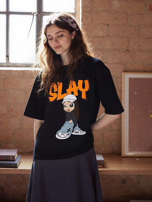 Slay Printed Pure Cotton Oversized Black T-shirt