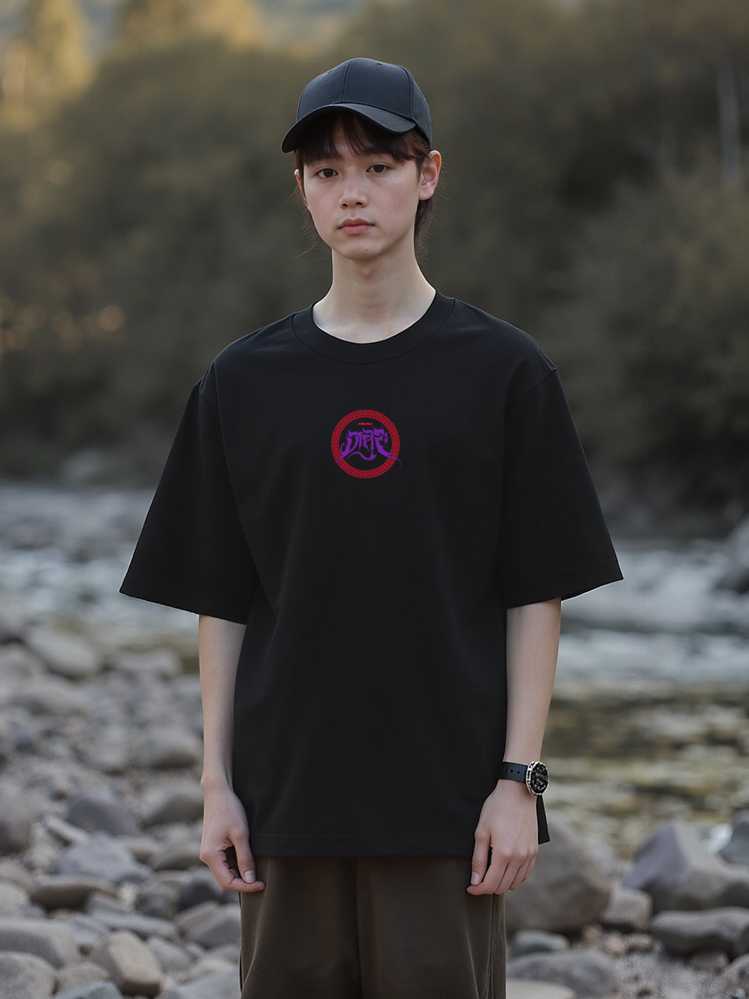 Asura Printed Pure Cotton Oversized Black T-shirt