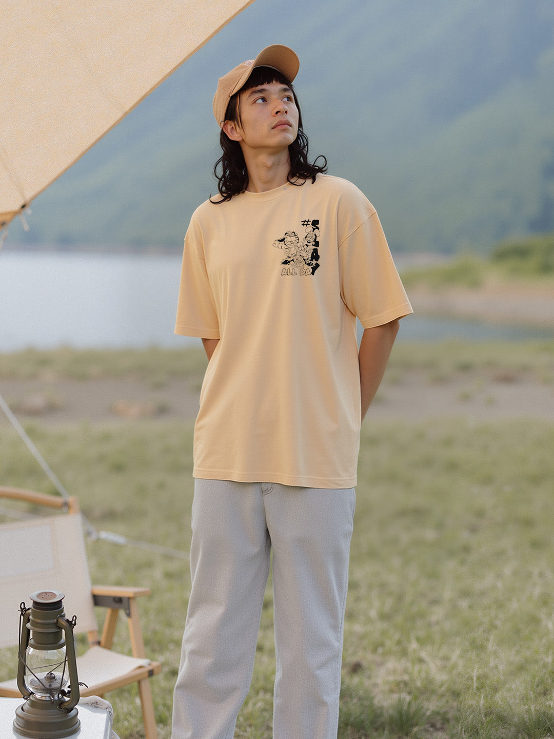 Garfield - Slay Together Printed Pure Cotton Oversized Beige T-shirt