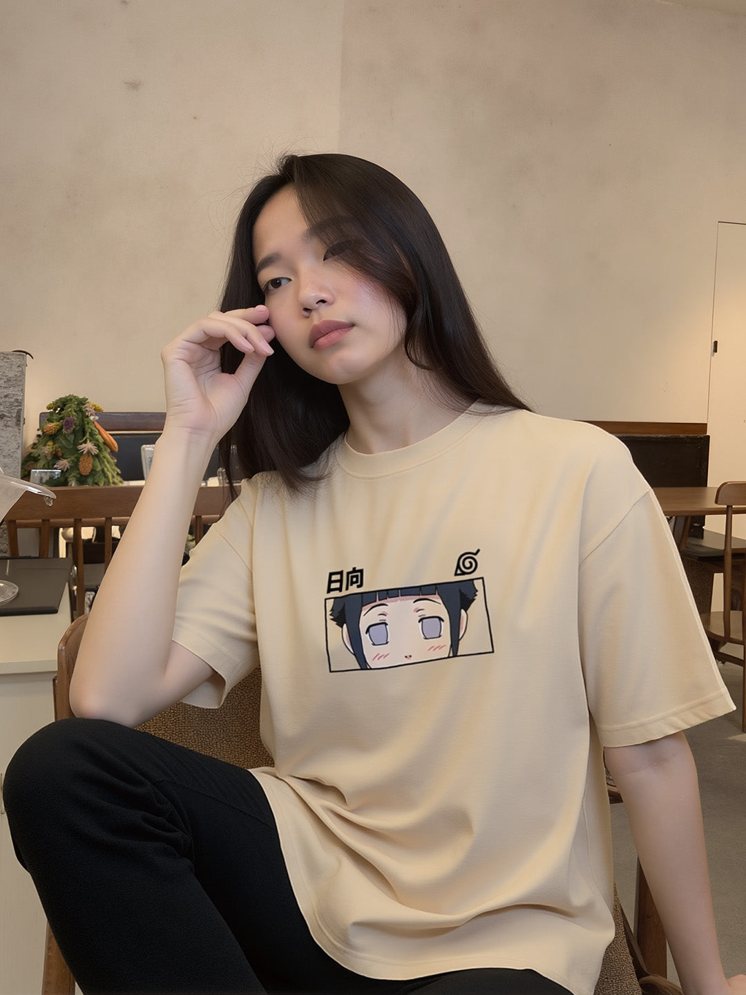 Hinata Hyuga - Ninja Printed Pure Cotton Oversized Beige T-shirt