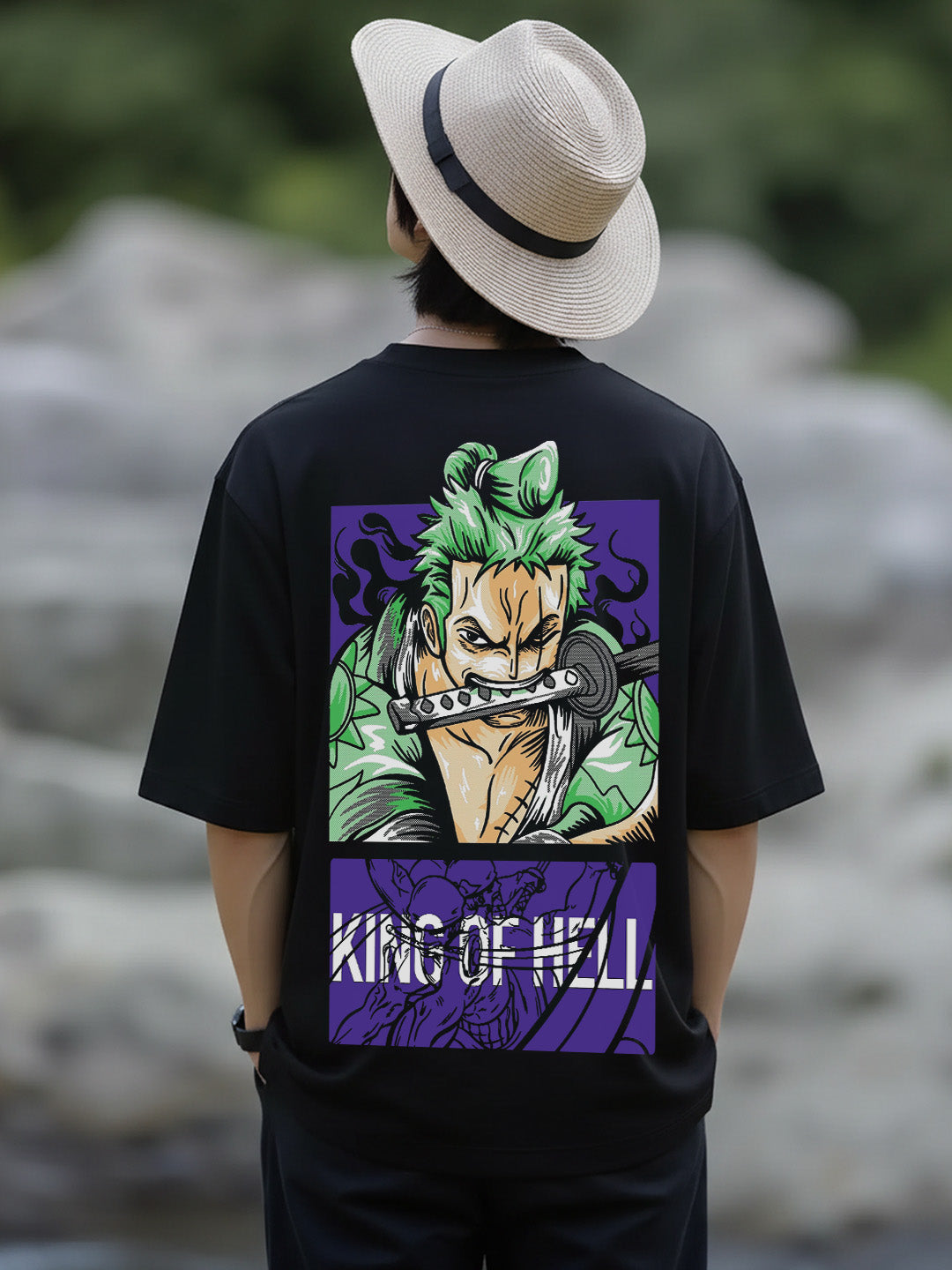 Moss Head - One Piece Graphic Printed Pure Cotton Oversized Black T-shirt