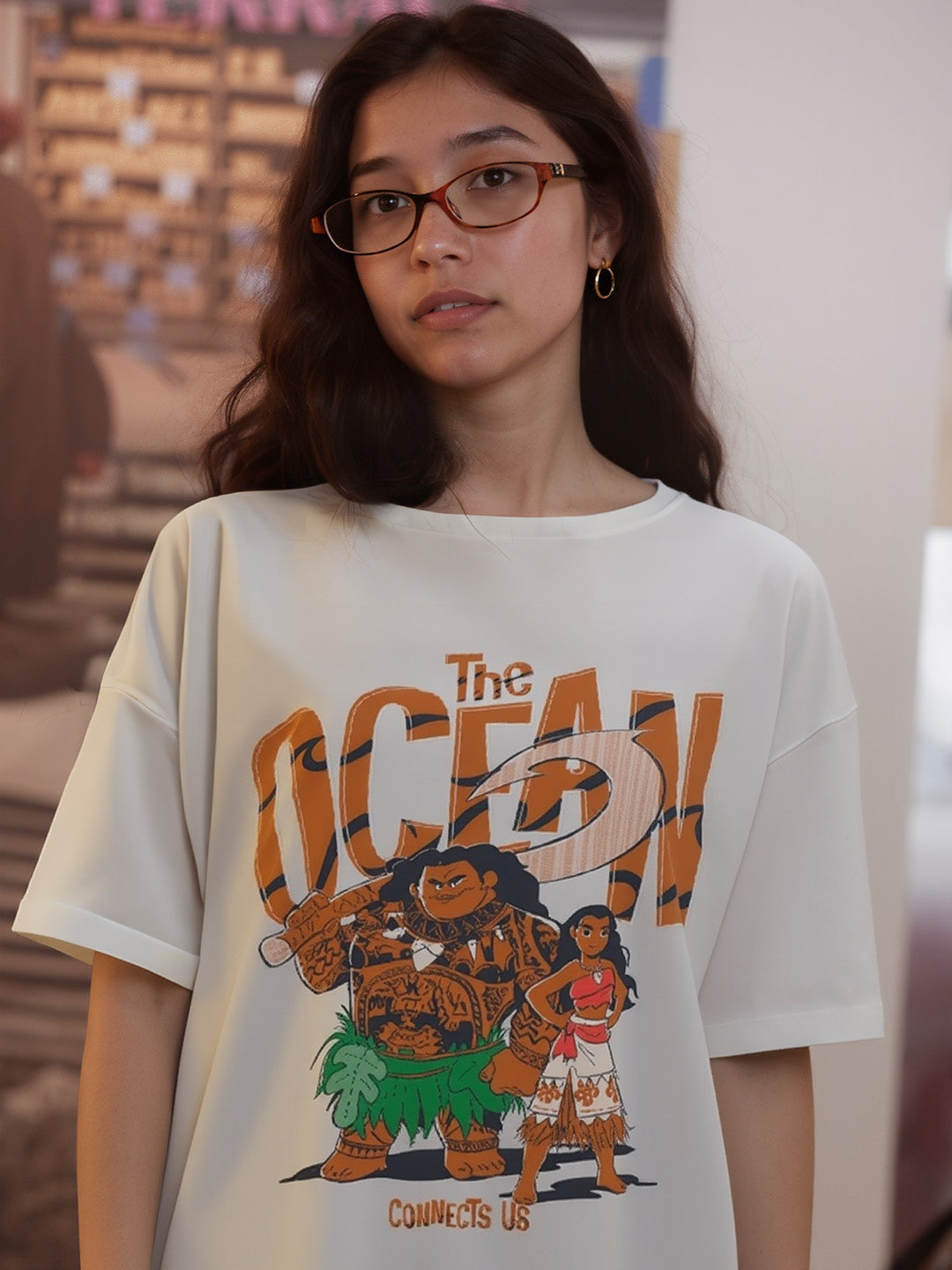 Moana The Ocean Printed Pure Cotton Oversized White T-shirt