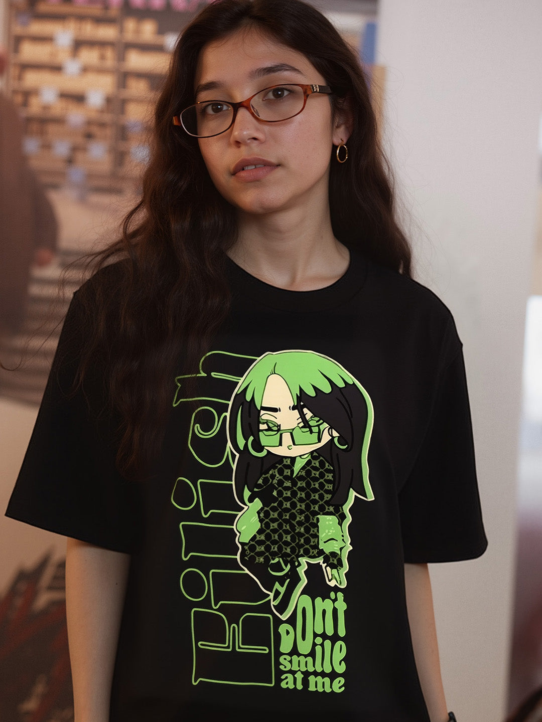 Don't Smile Billie Printed Pure Cotton Oversized Black T-shirt