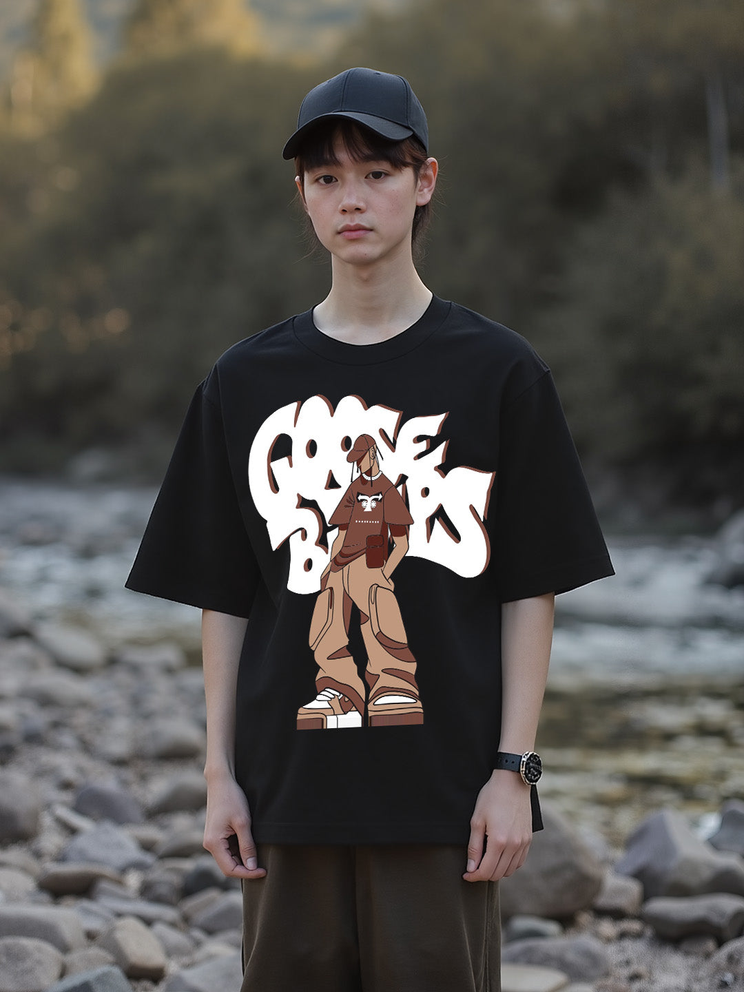 Goosebumps Printed Pure Cotton Oversized Black T-shirt