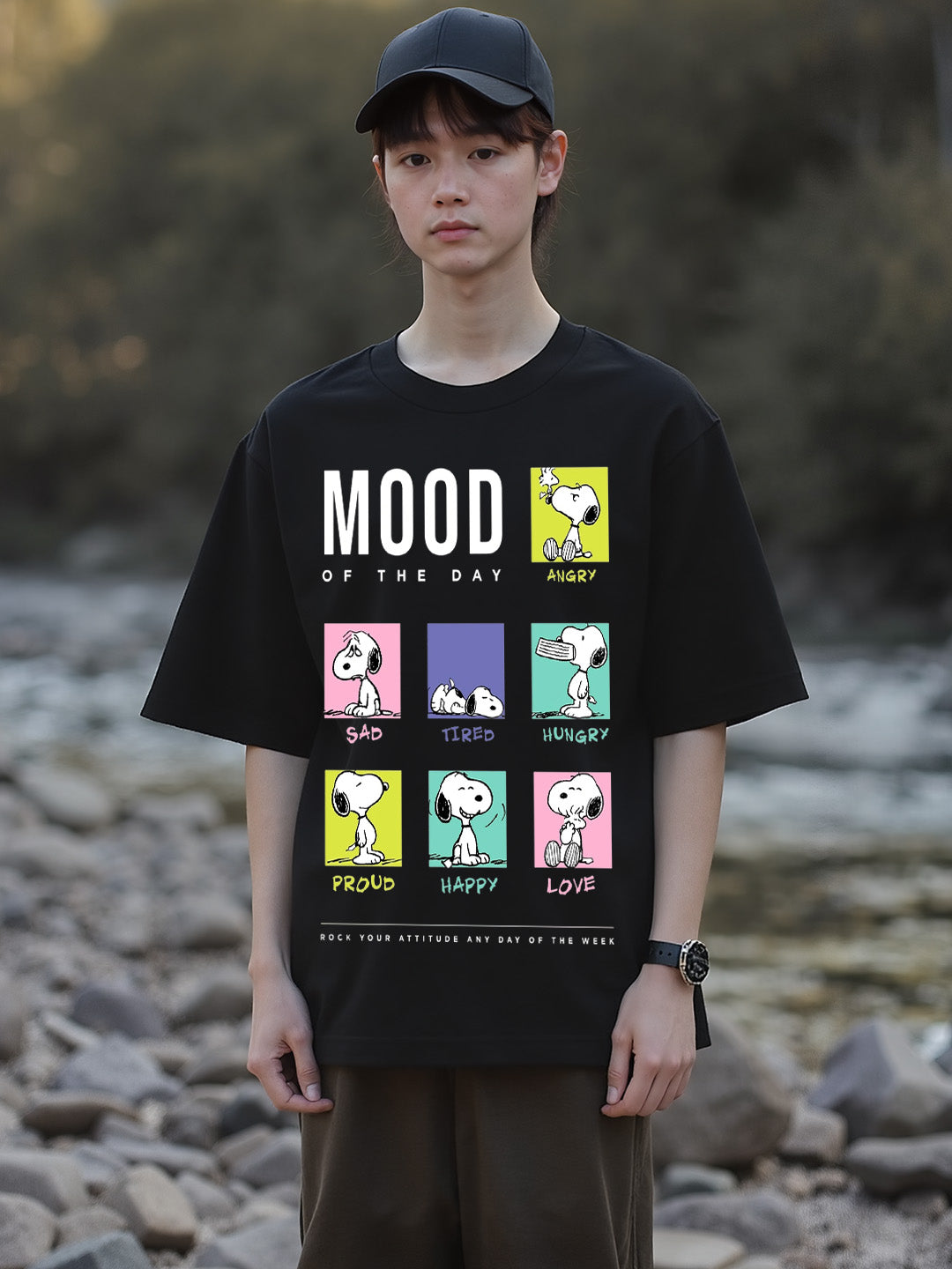 Snoopy Mood Printed Pure Cotton Oversized Black T-shirt