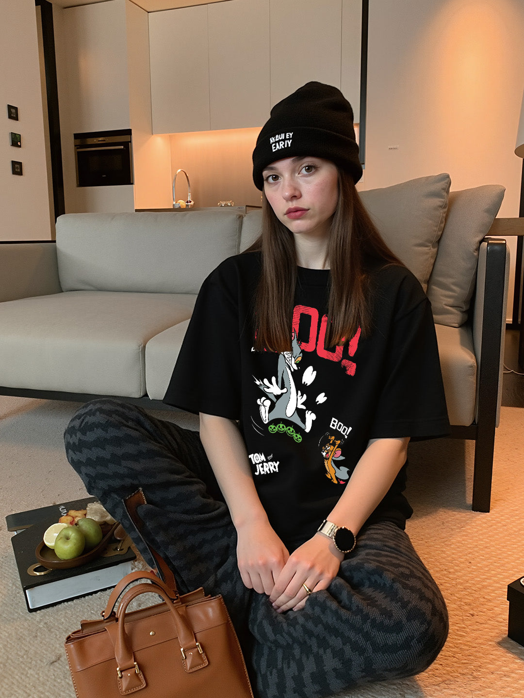 Boo Tom and Jerry Printed Pure Cotton Oversized Black T-shirt