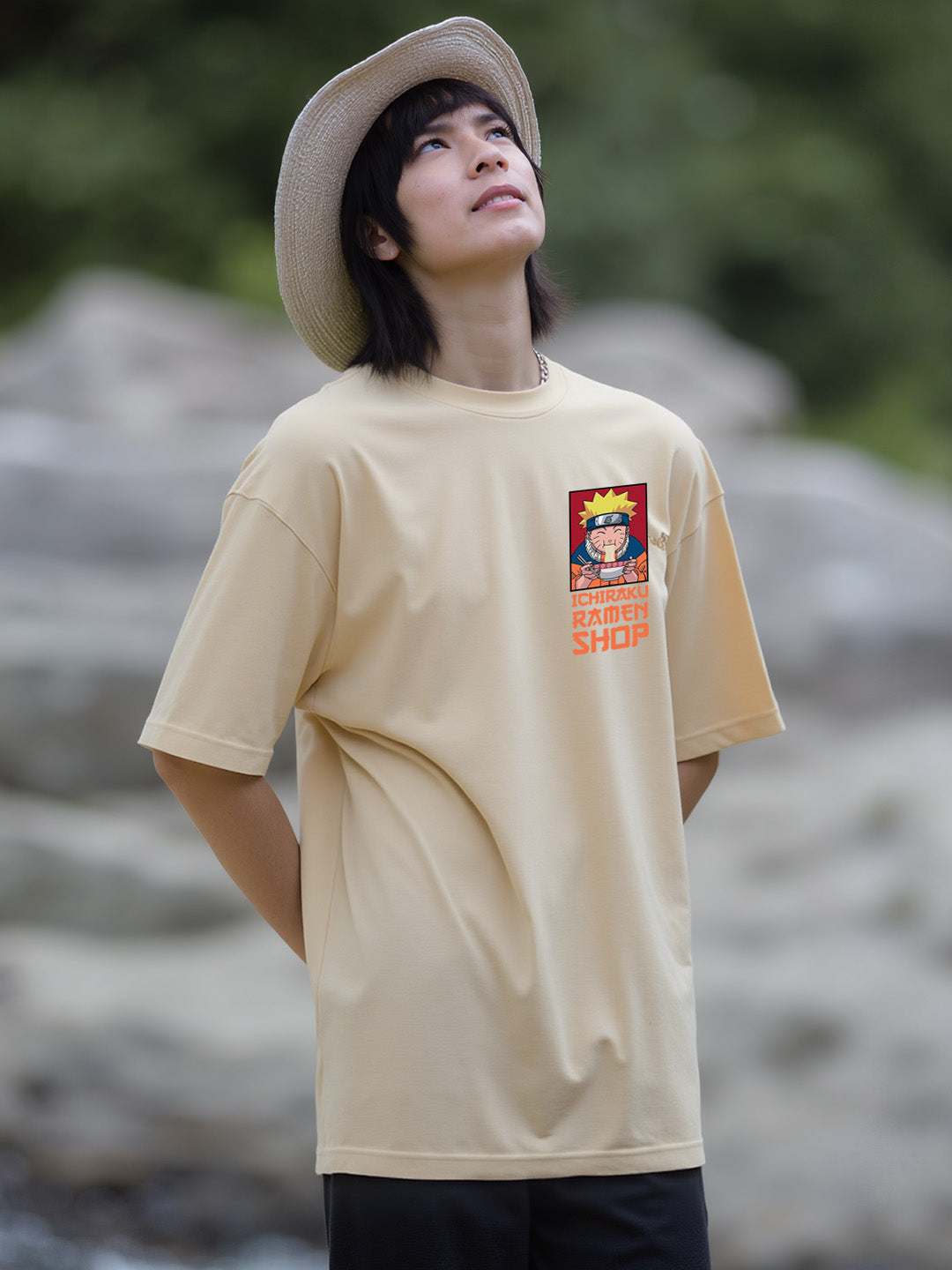 Anime Ramen Lover Graphic Printed Pure Cotton Oversized Beige T-shirt