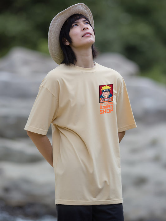 Anime Ramen Lover Graphic Printed Pure Cotton Oversized Beige T-shirt