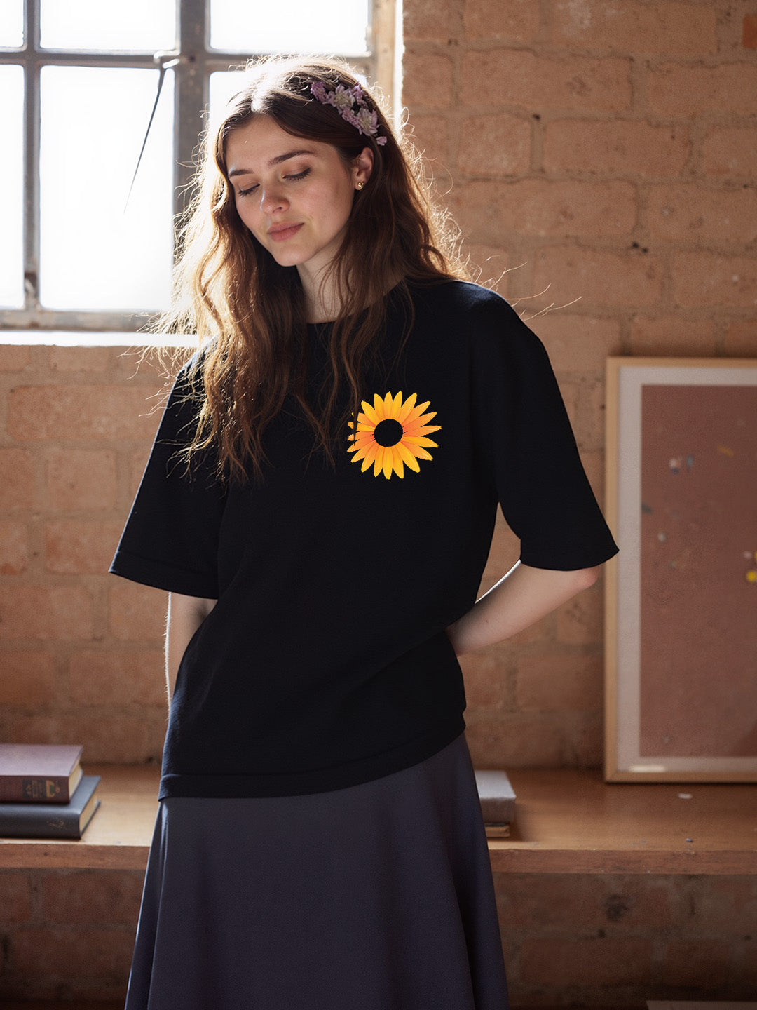 Sunflower Printed Pure Cotton Oversized Black T-shirt