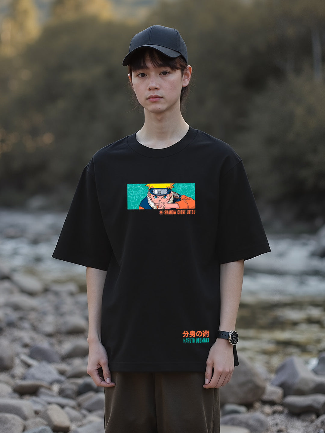 Shadow Clone Jutsu Graphic Printed Pure Cotton Oversized Black T-shirt