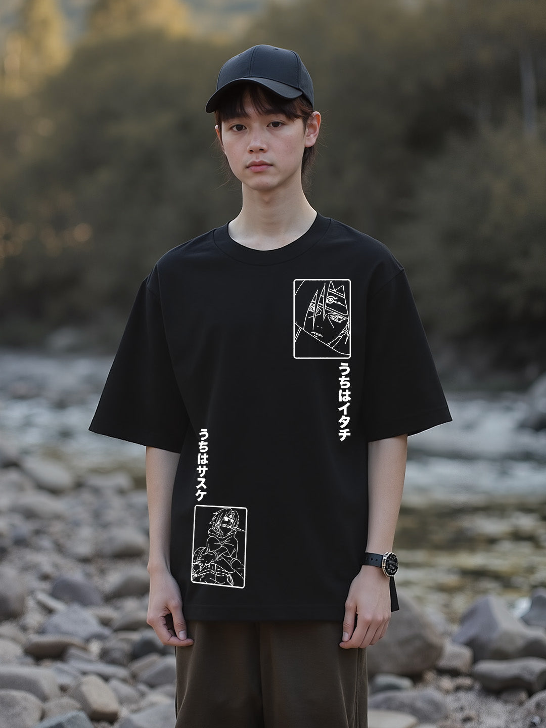 Enough Hate - Uchiha Brothers Printed Pure Cotton Oversized Black T-shirt