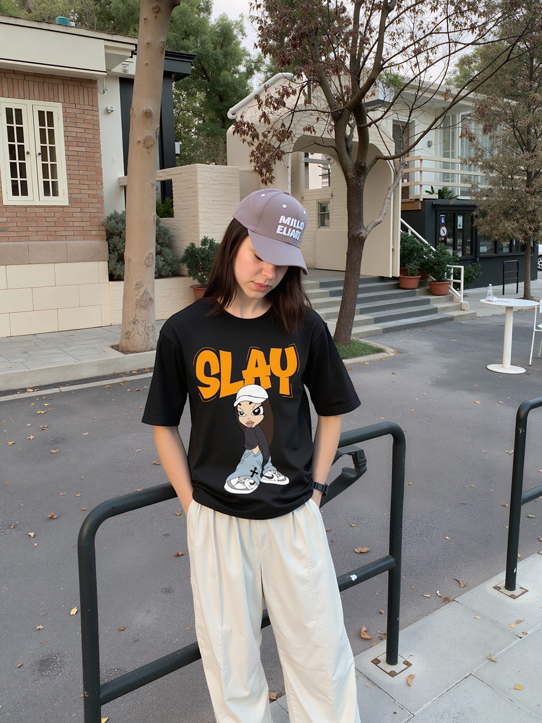 Slay Printed Pure Cotton Oversized Black T-shirt