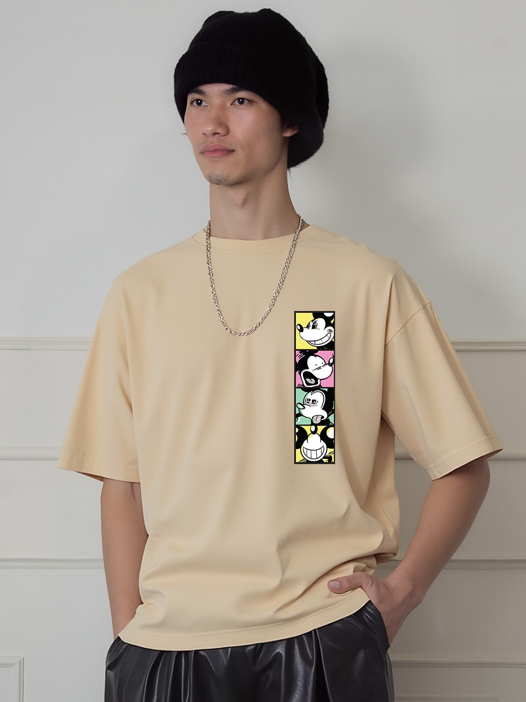 Mickey Faces Printed Pure Cotton Oversized Beige T-shirt