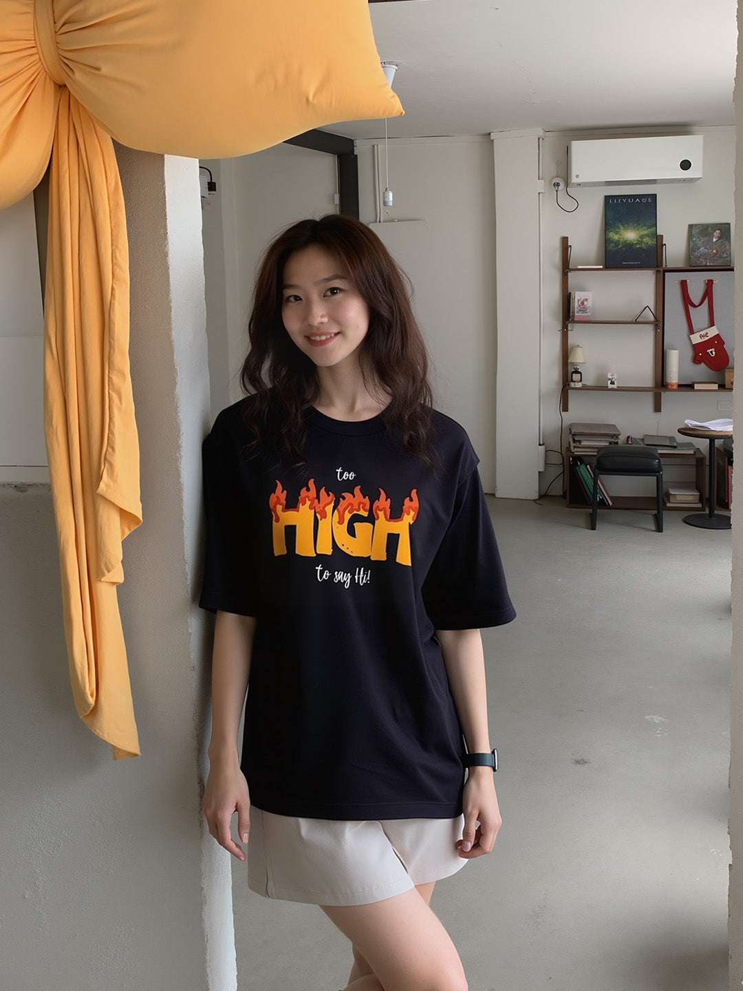 Too High Printed Pure Cotton Oversized Black T-shirt