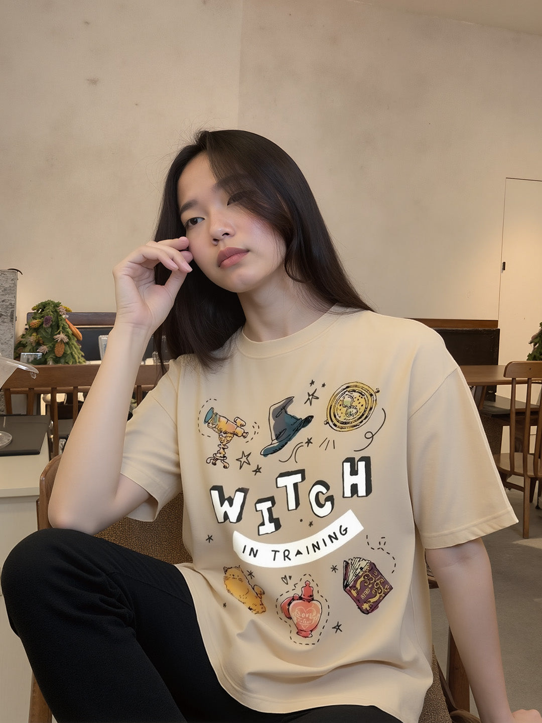 Witch Training Printed Pure Cotton Oversized Beige T-shirt