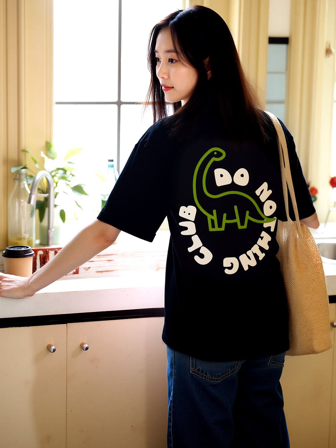 Do Nothing Club Printed Pure Cotton Oversized Black T-shirt