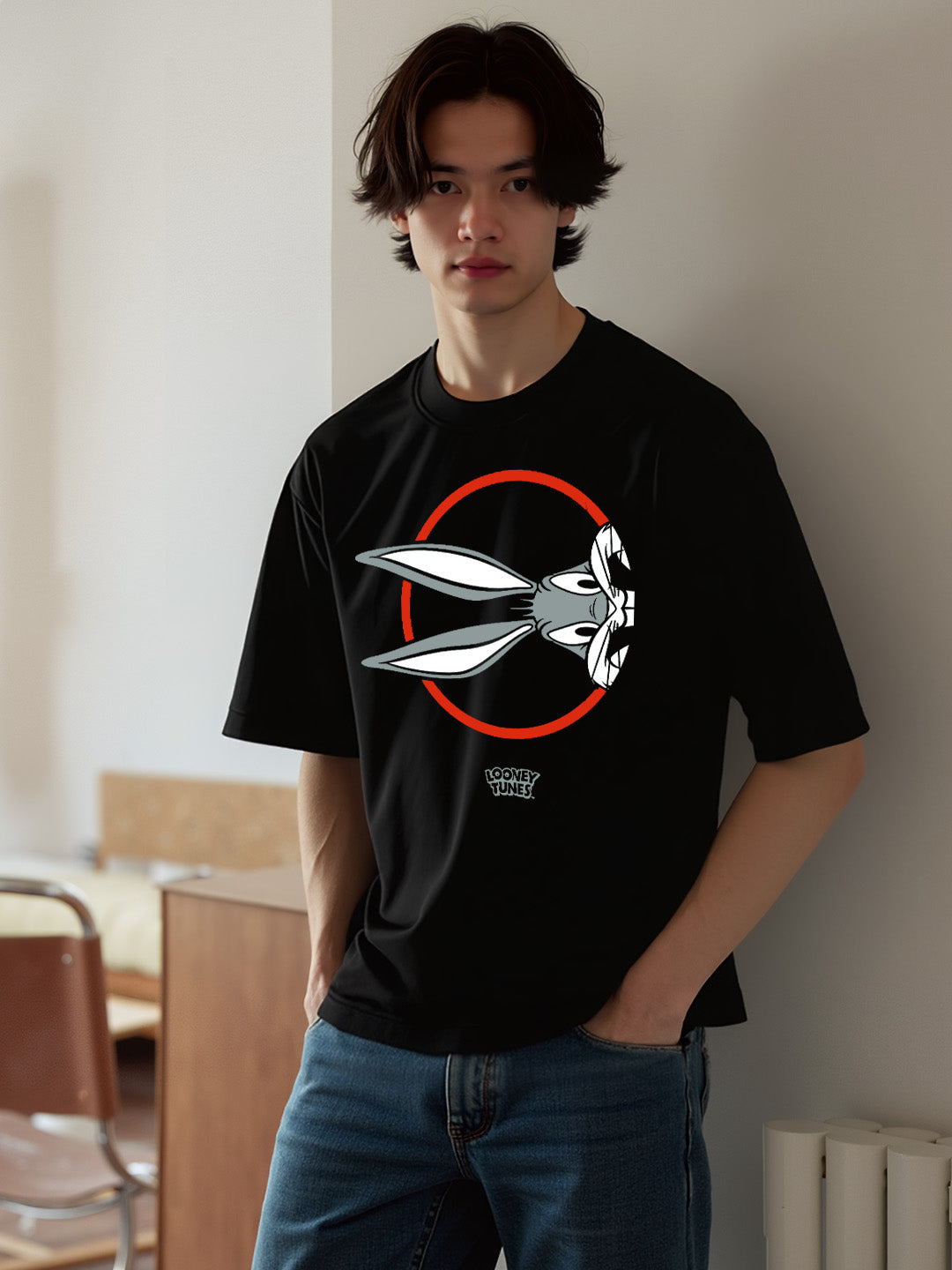 Bugs Bunny Printed Pure Cotton Oversized Black T-shirt