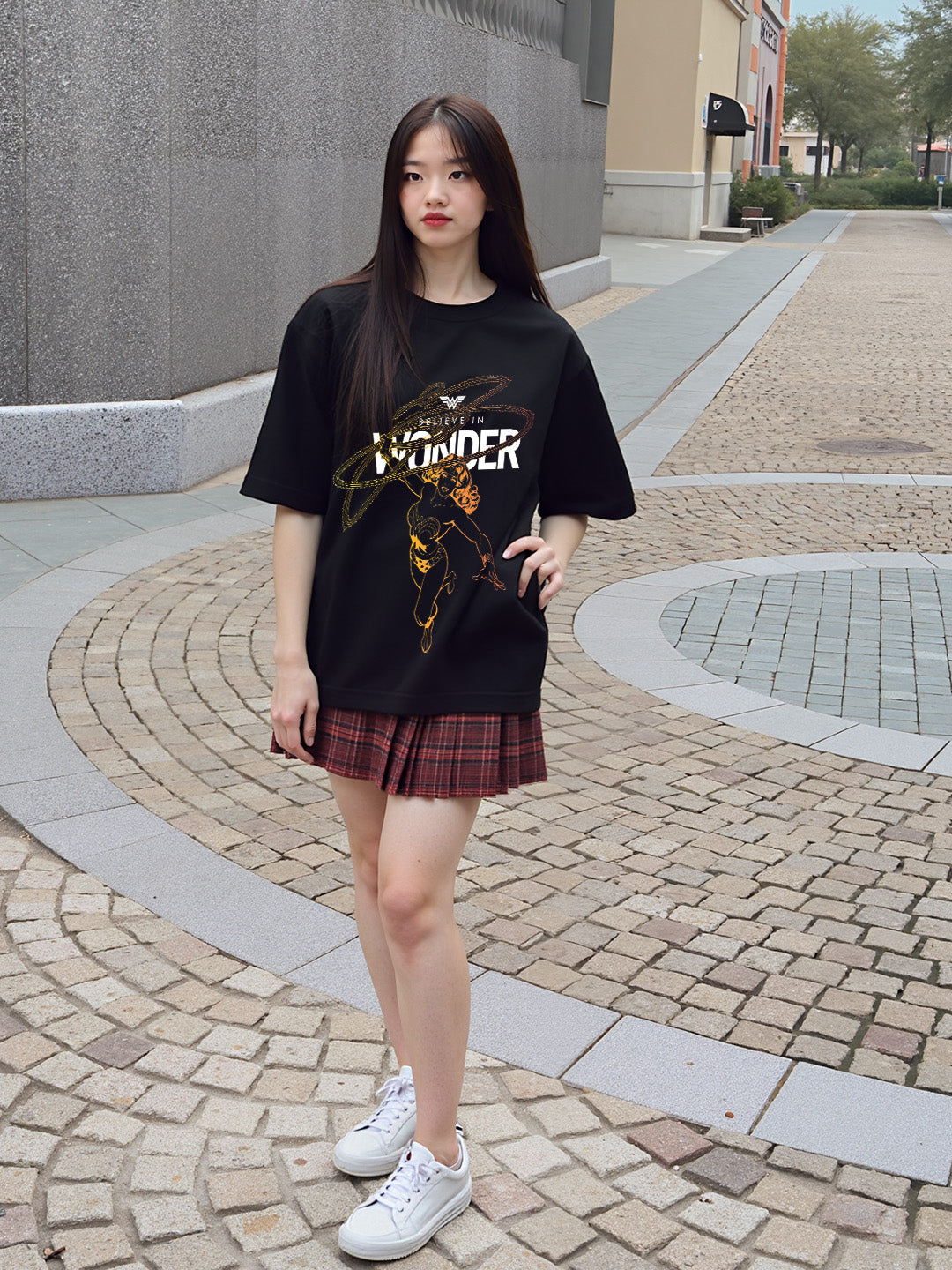 Believe In Wonder Printed Pure Cotton Oversized Black T-shirt