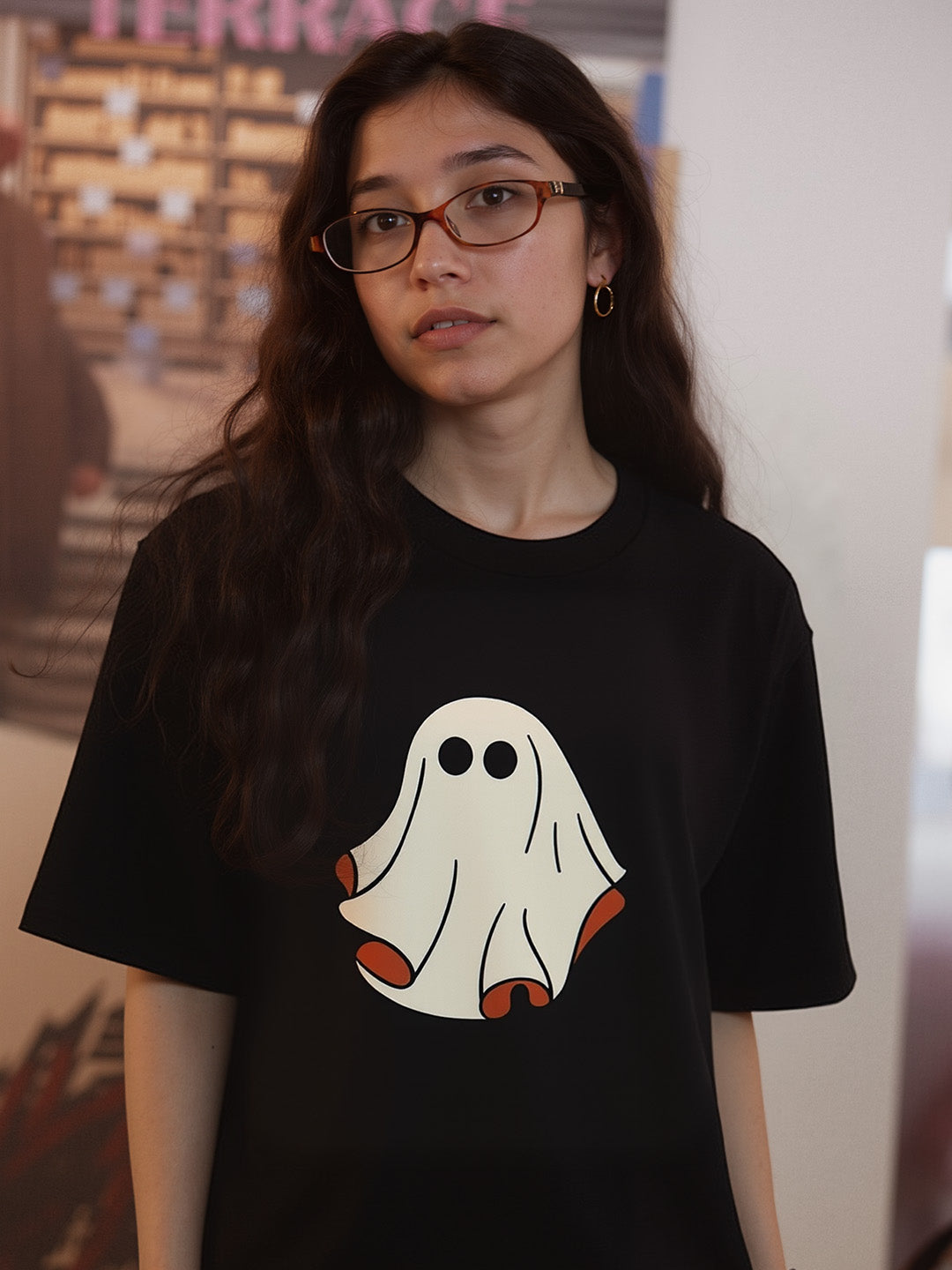 Boo Cute Ghost Printed Pure Cotton Oversized Black T-shirt