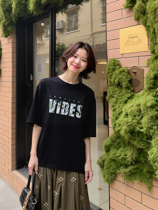 Tropical Vibes Printed Pure Cotton Oversized Black T-shirt