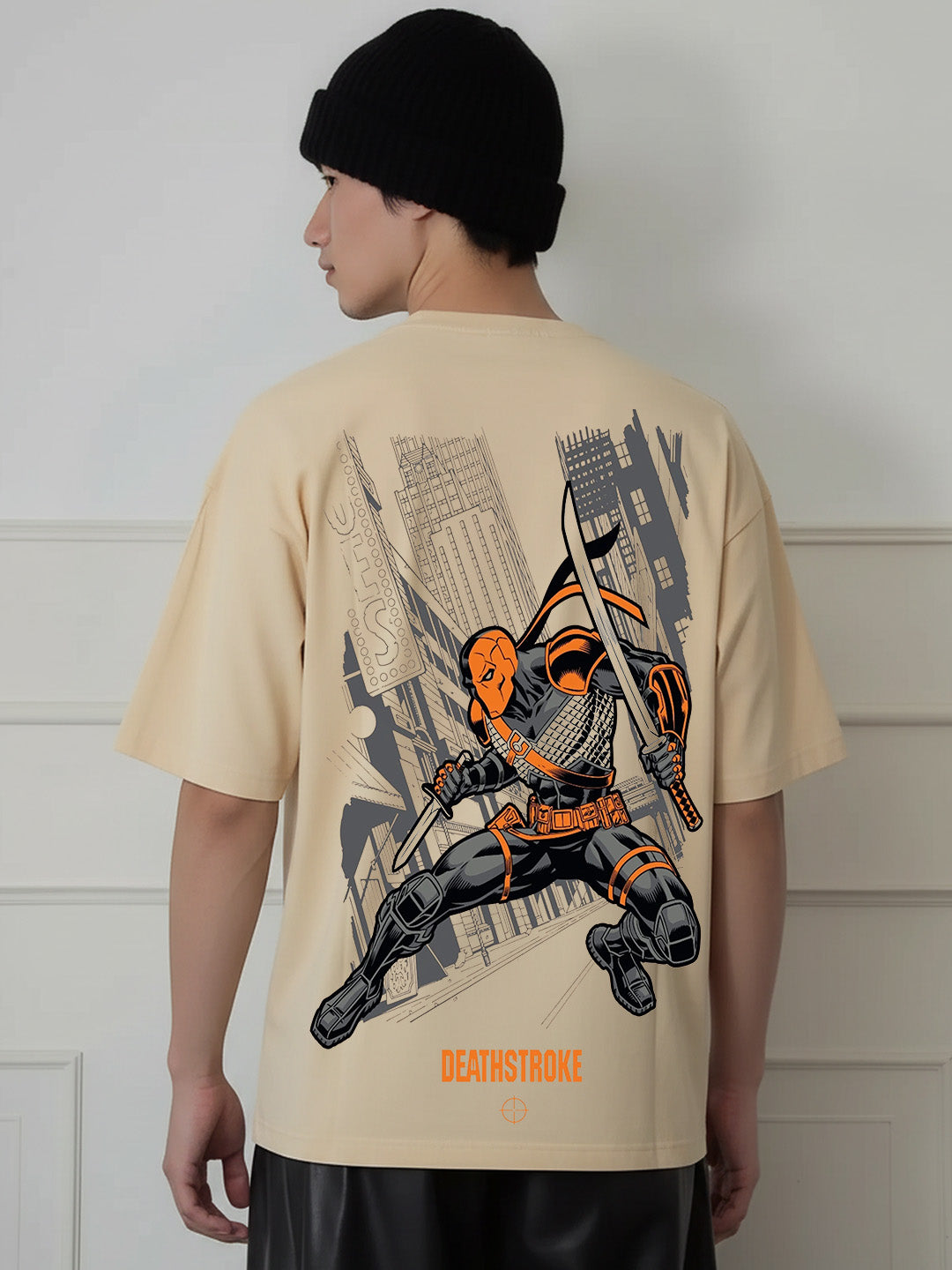 Deathstroke Graphic Printed Pure Cotton Oversized Beige T-shirt