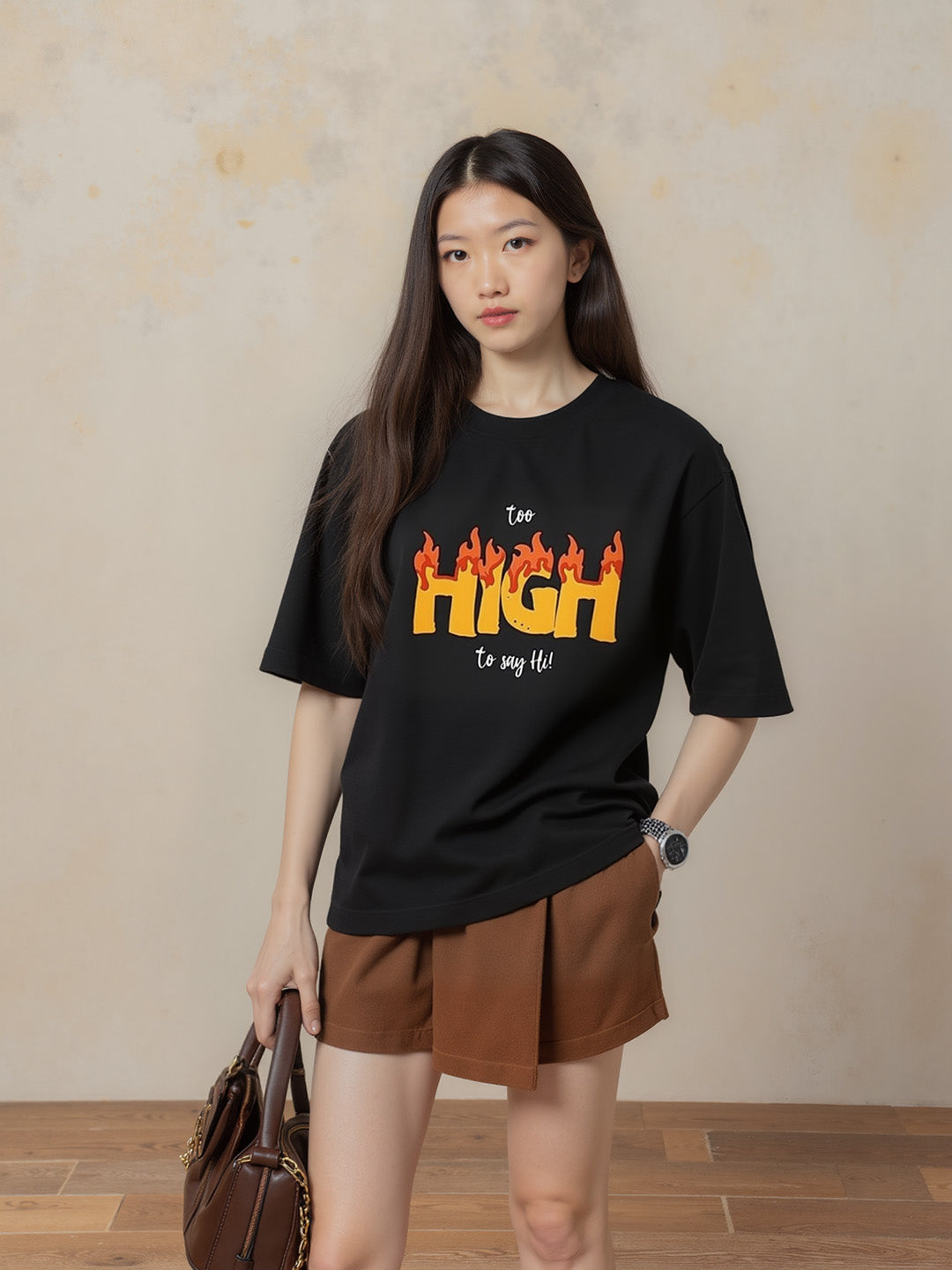 Too High Printed Pure Cotton Oversized Black T-shirt