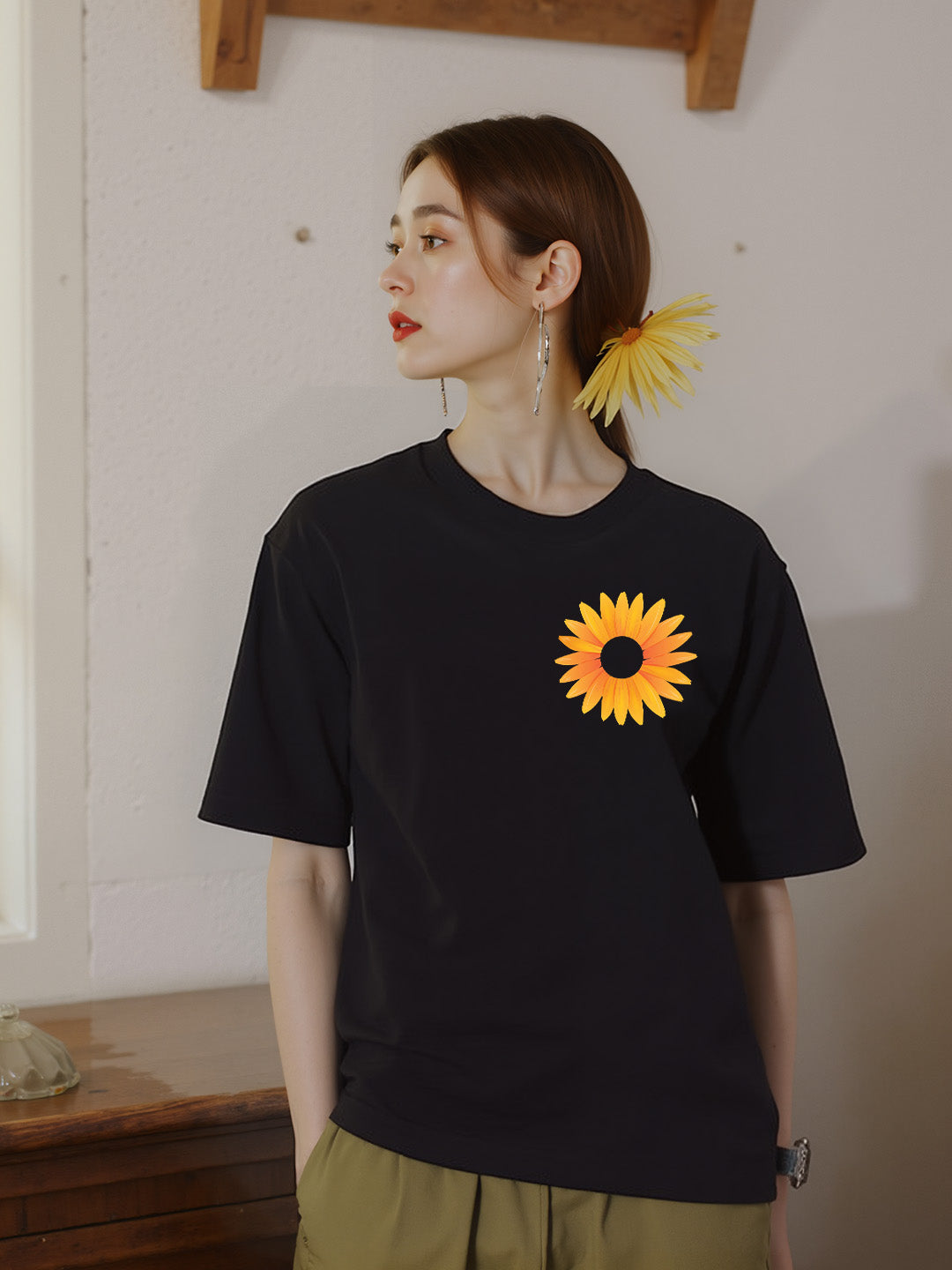Sunflower Printed Pure Cotton Oversized Black T-shirt