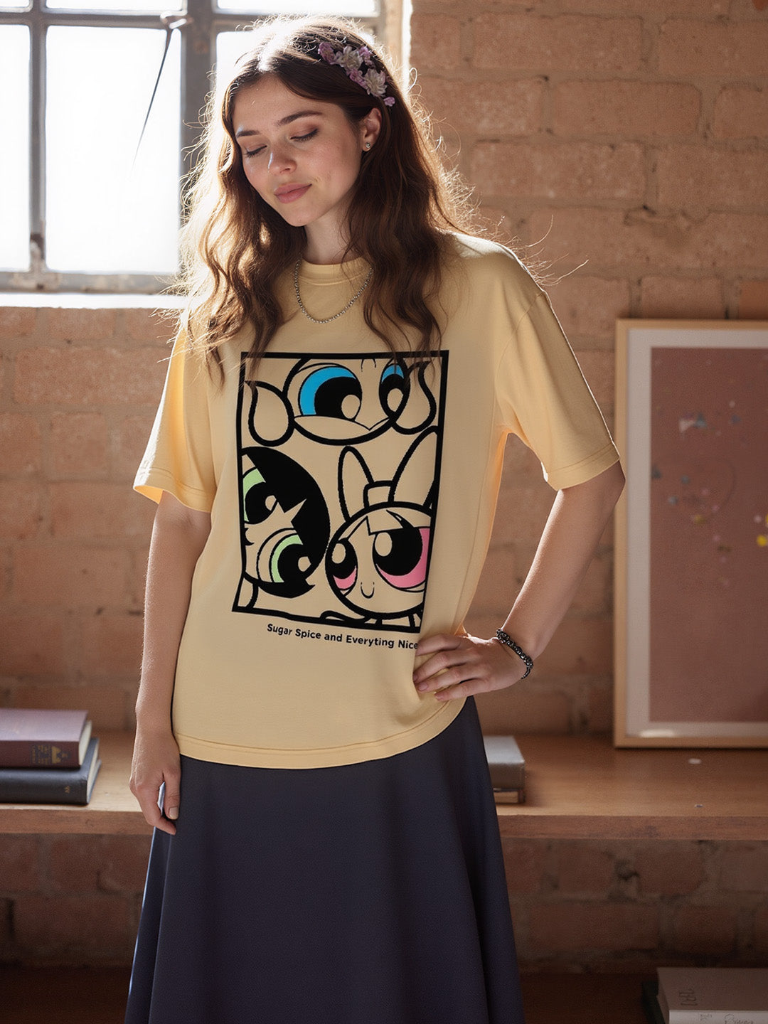 Powerpuff Girls - Sugar and Spice Printed Pure Cotton Oversized Beige T-shirt