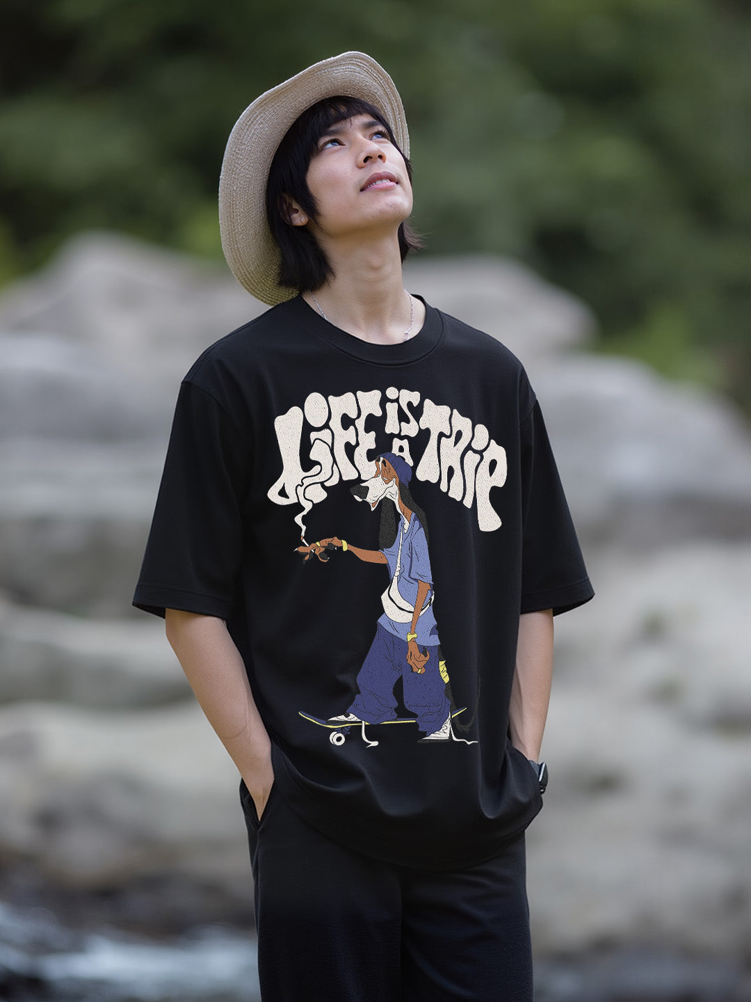 Life is a Trip Printed Pure Cotton Oversized Black T-shirt