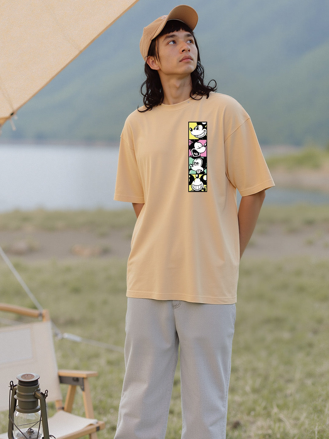 Mickey Faces Printed Pure Cotton Oversized Beige T-shirt