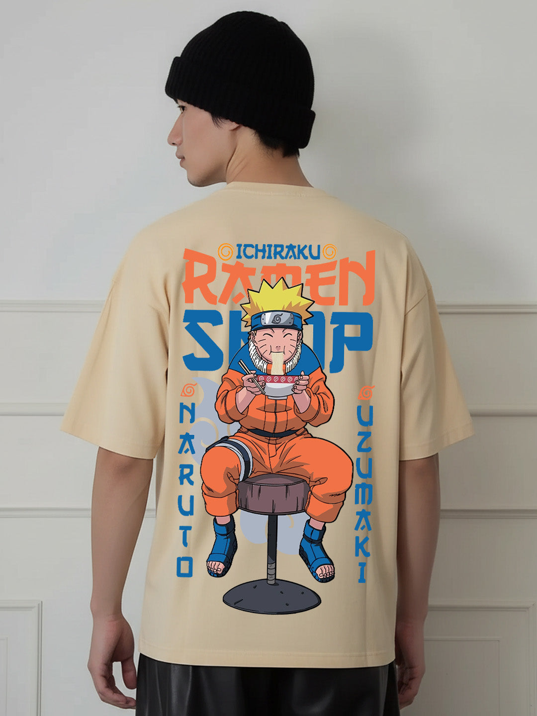 Anime Ramen Lover Graphic Printed Pure Cotton Oversized Beige T-shirt