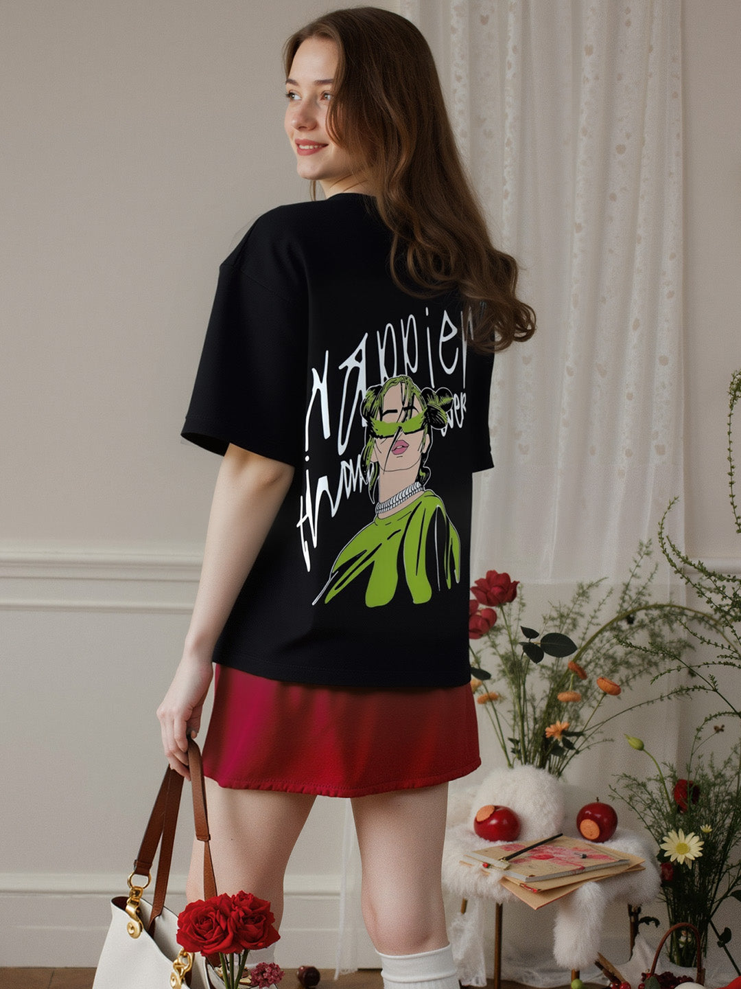 Billie Happier Than Ever Printed Pure Cotton Oversized Black T-shirt