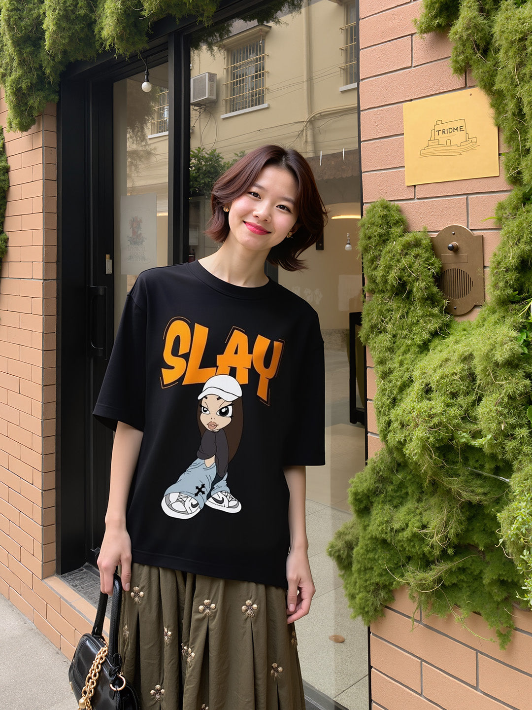 Slay Printed Pure Cotton Oversized Black T-shirt