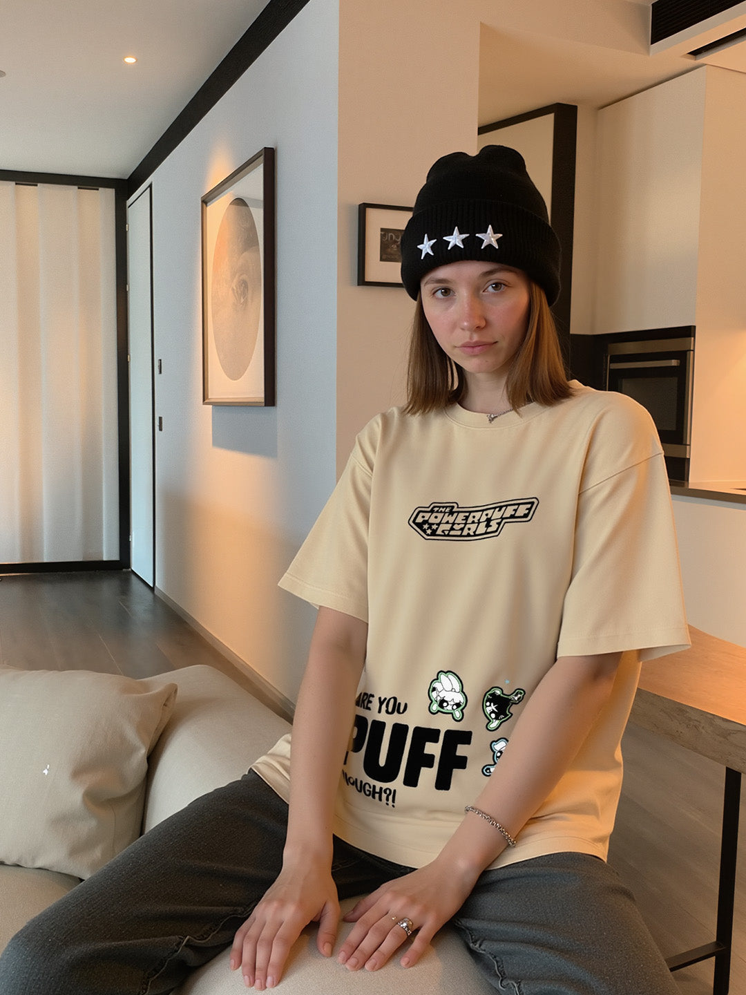 Powerpuff Girls Printed Pure Cotton Oversized Beige T-shirt