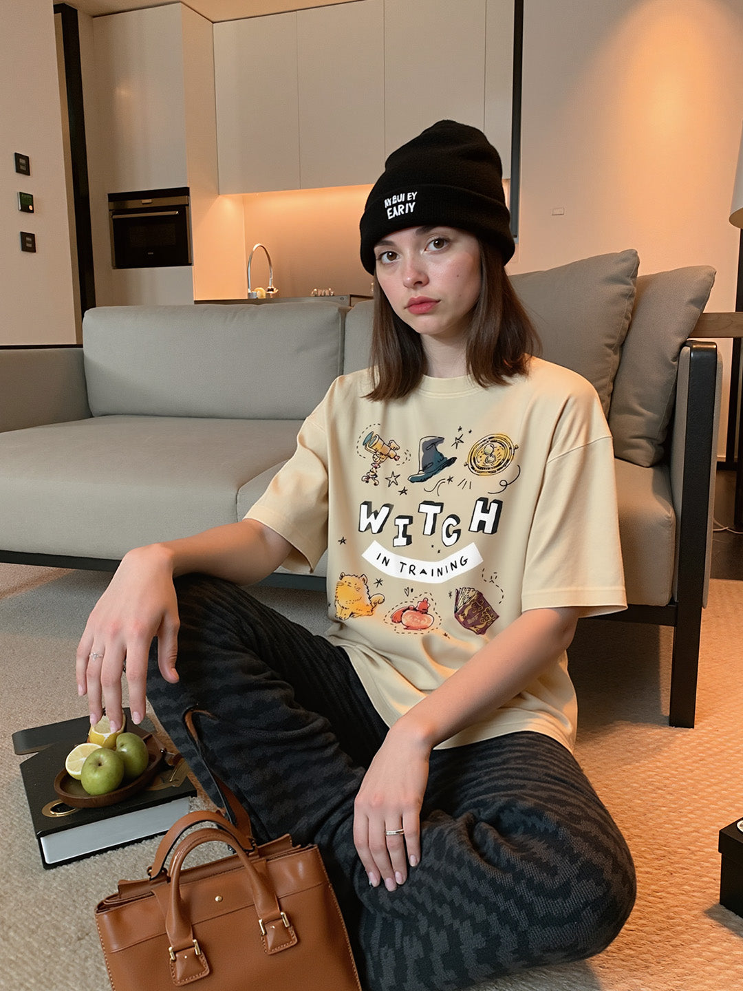 Witch Training Printed Pure Cotton Oversized Beige T-shirt