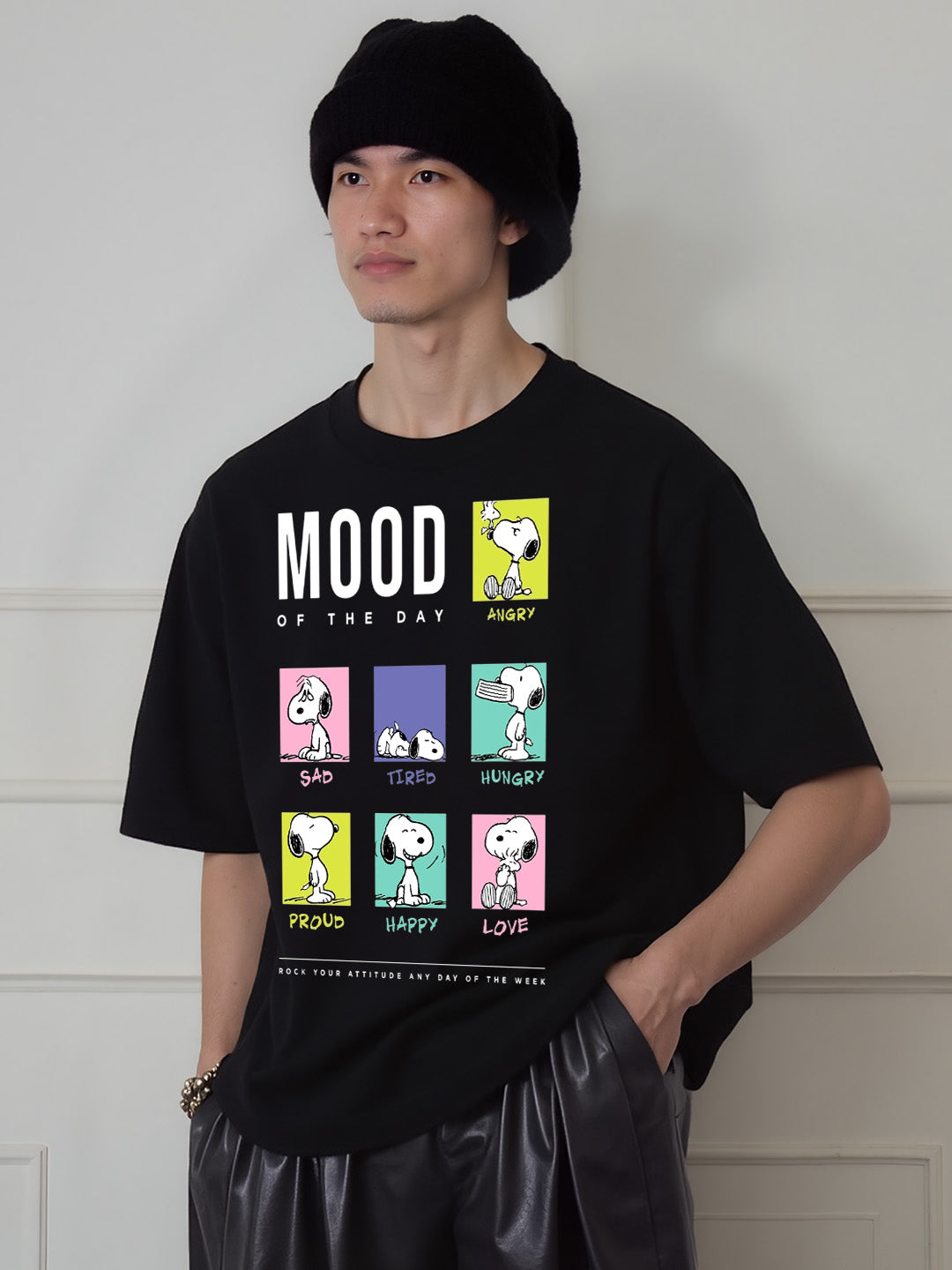 Snoopy Mood Printed Pure Cotton Oversized Black T-shirt