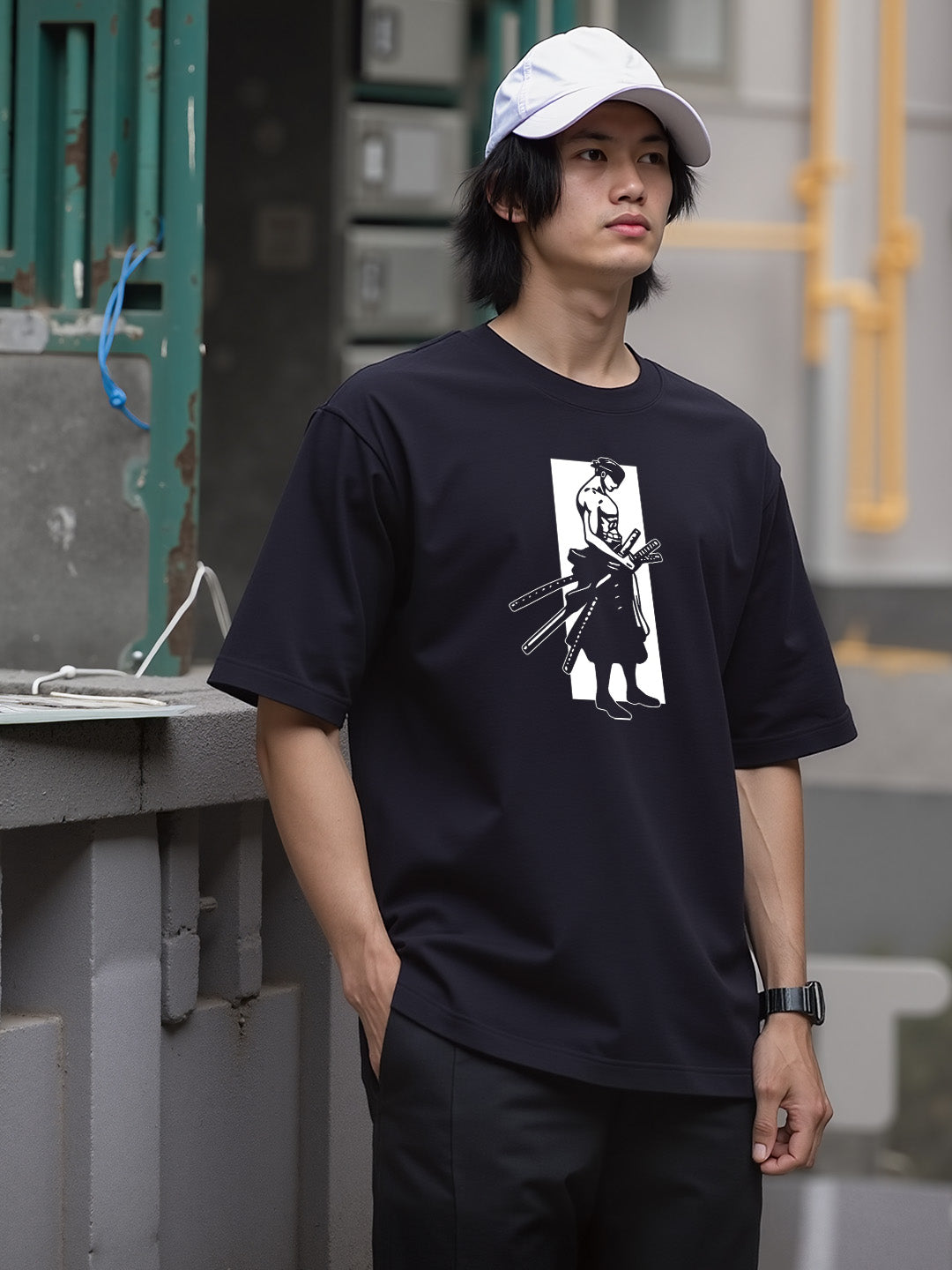 Moss Head - One Piece Graphic Printed Pure Cotton Oversized Black T-shirt