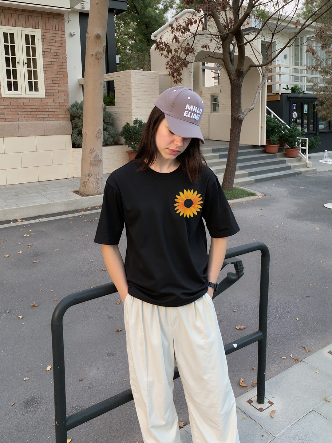 Sunflower Printed Pure Cotton Oversized Black T-shirt