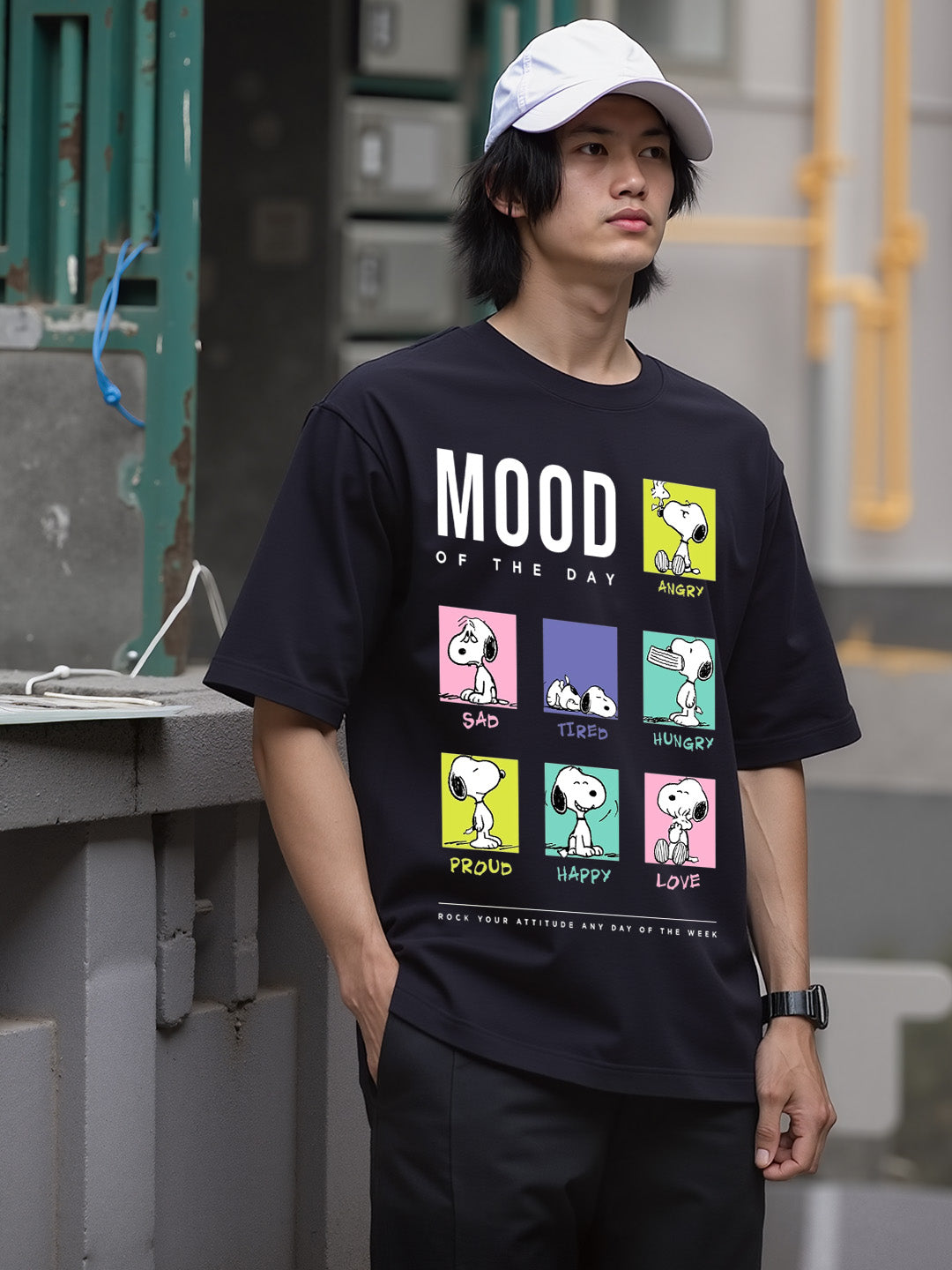 Snoopy Mood Printed Pure Cotton Oversized Black T-shirt