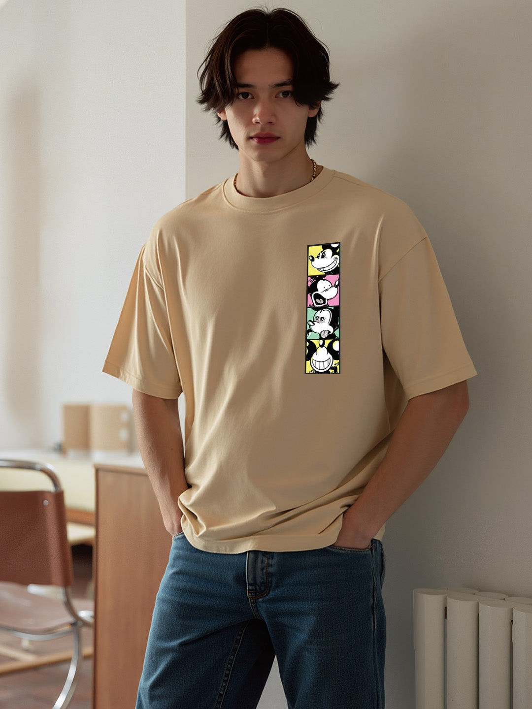 Mickey Faces Printed Pure Cotton Oversized Beige T-shirt