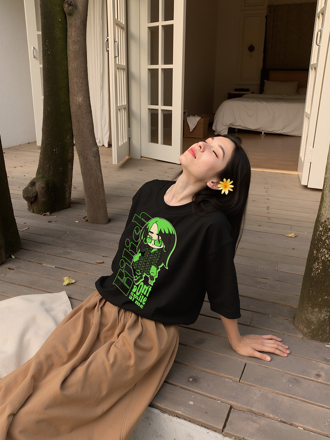 Don't Smile Billie Printed Pure Cotton Oversized Black T-shirt