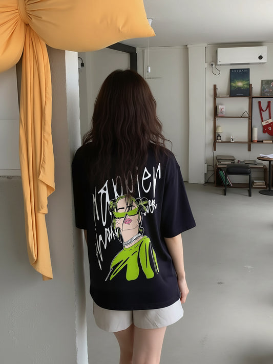 Billie Happier Than Ever Printed Pure Cotton Oversized Black T-shirt